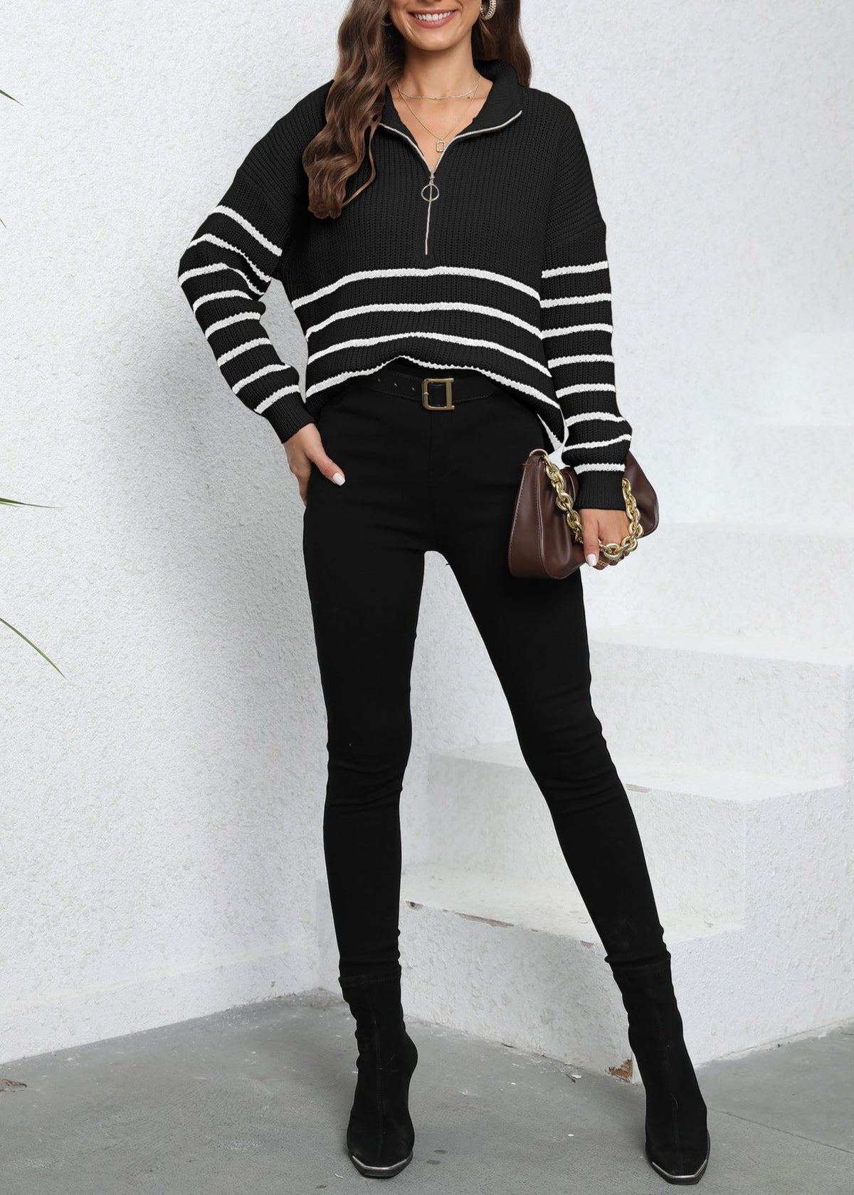 Half Zip Striped Collared Knit Sweater - Black - 3
