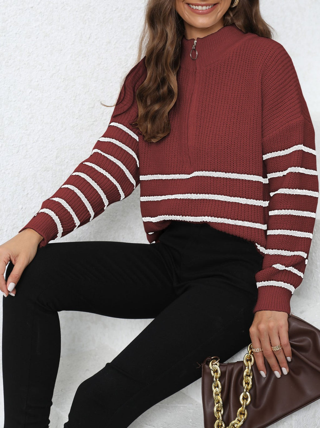 Half Zip Striped Collared Knit Sweater - Burgundy - 1