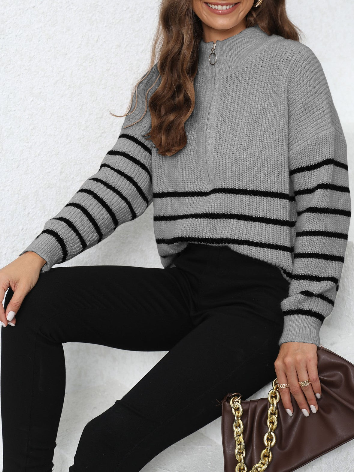 Half Zip Striped Collared Knit Sweater - Grey - 1