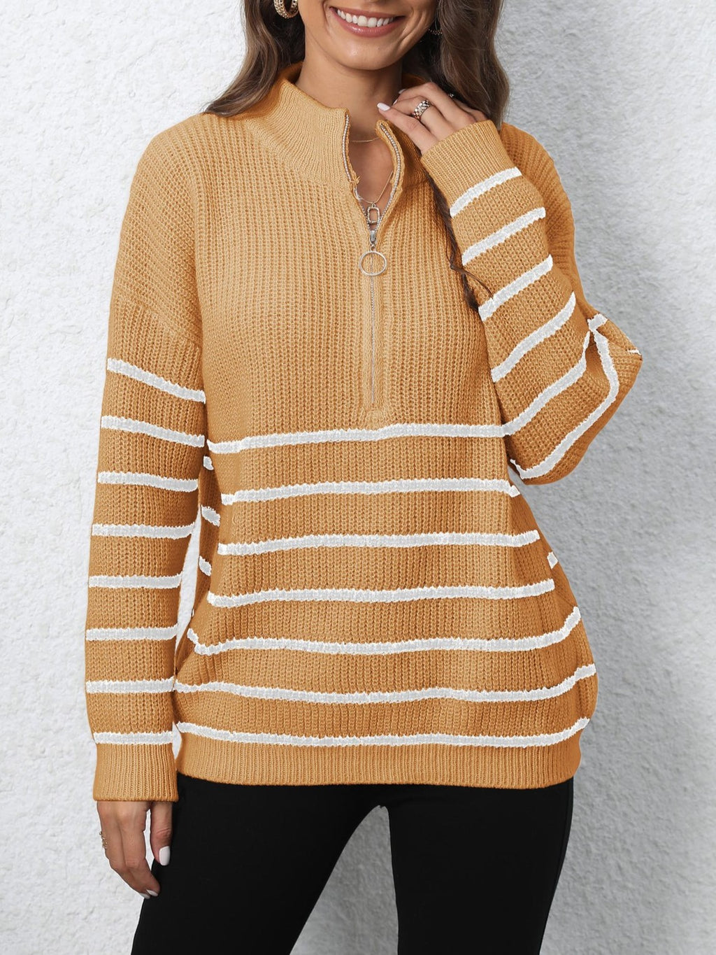 Half Zip Striped Collared Knit Sweater - Yellow - 1