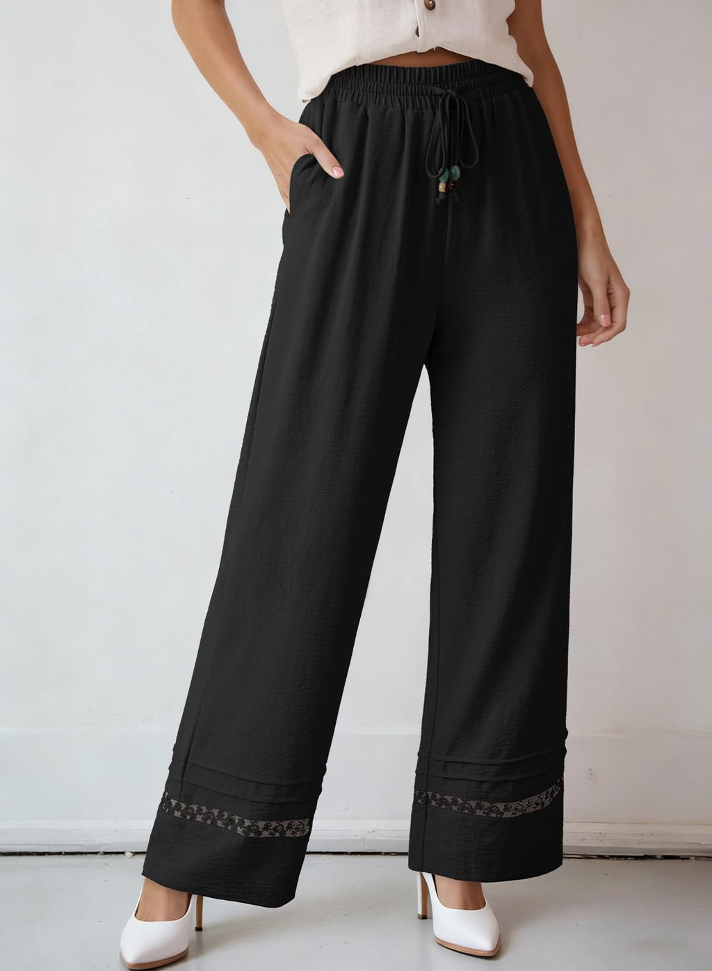 High Waist Wide Leg Pants With Crochet Hem - Black