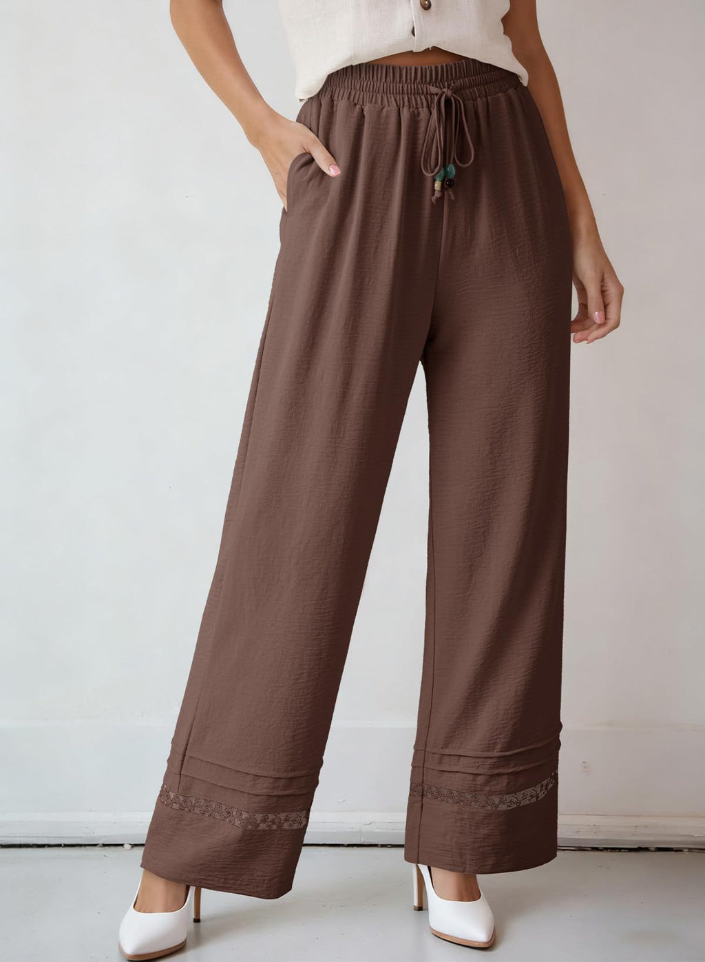 High Waist Wide Leg Pants With Crochet Hem - Coffee