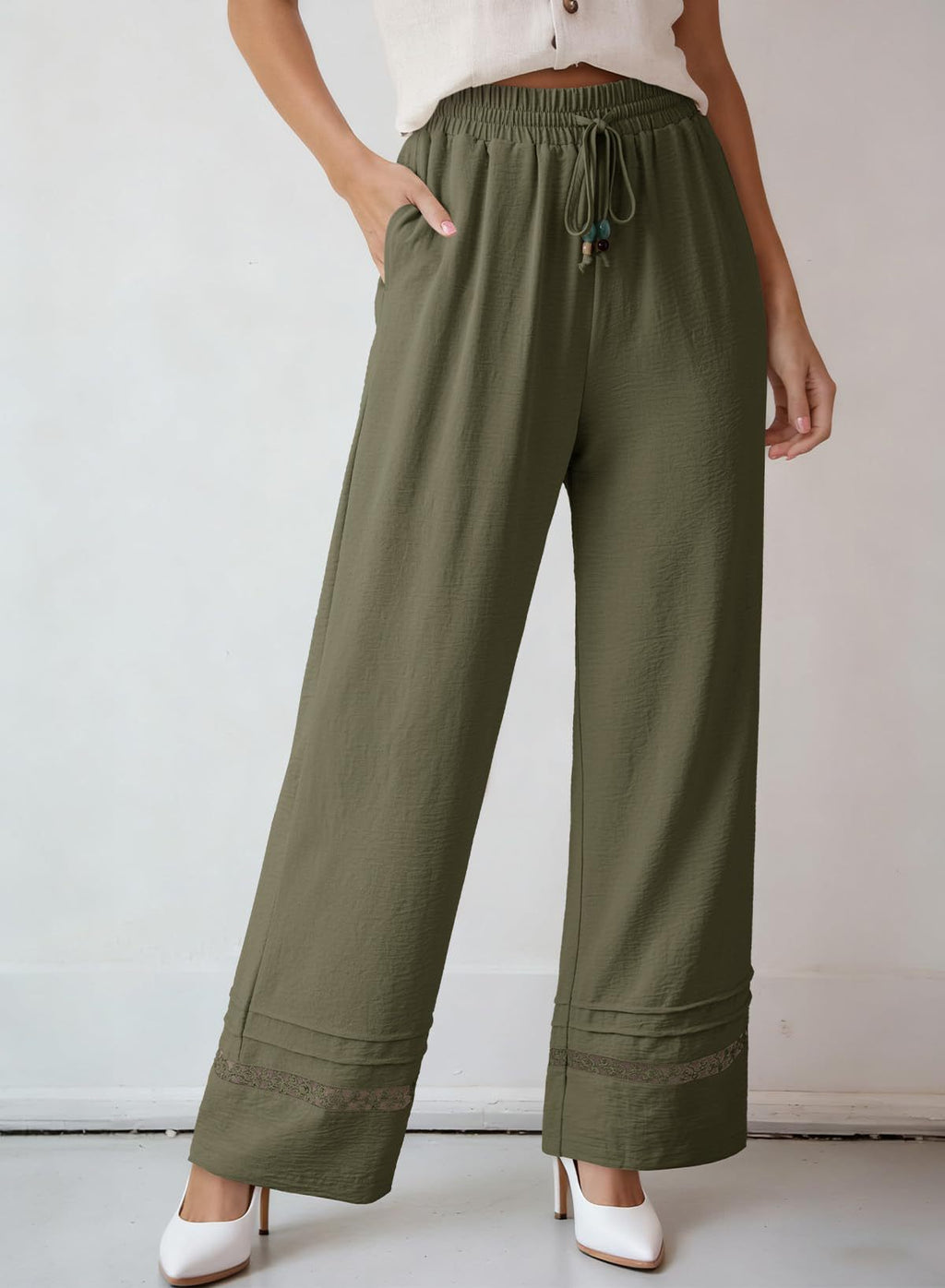 High Waist Wide Leg Pants With Crochet Hem - Green