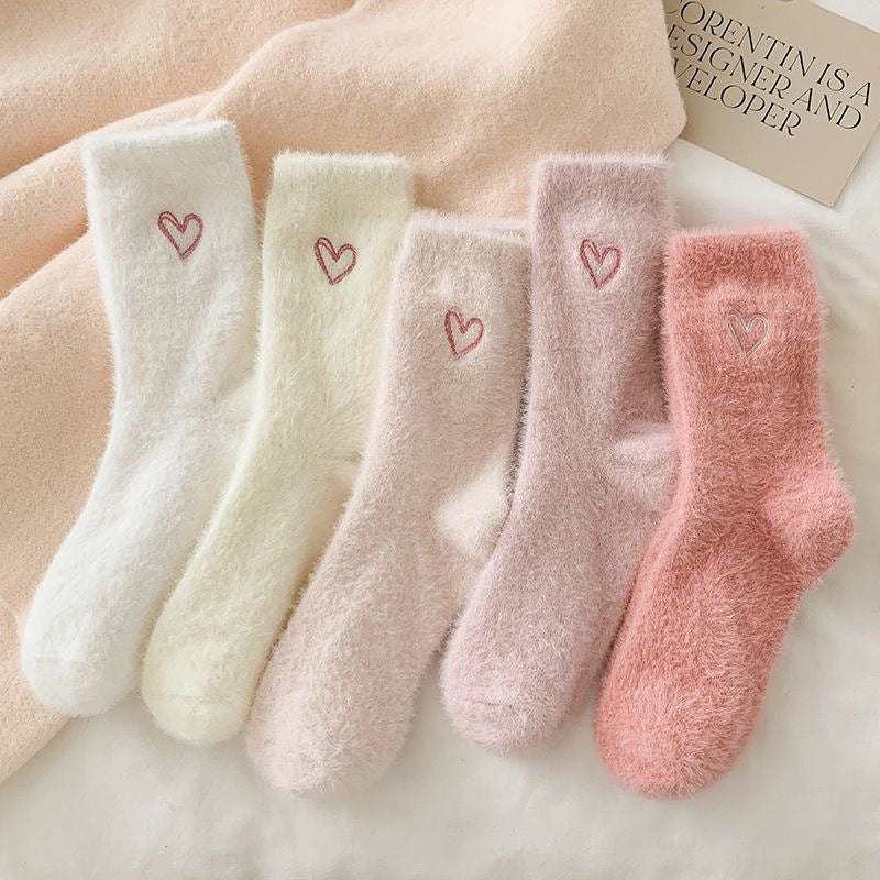 Fuzzy Heart Embroidered Cozy Crew Socks - DeepPink