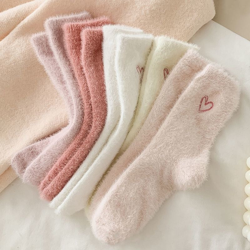 Fuzzy Heart Embroidered Cozy Crew Socks