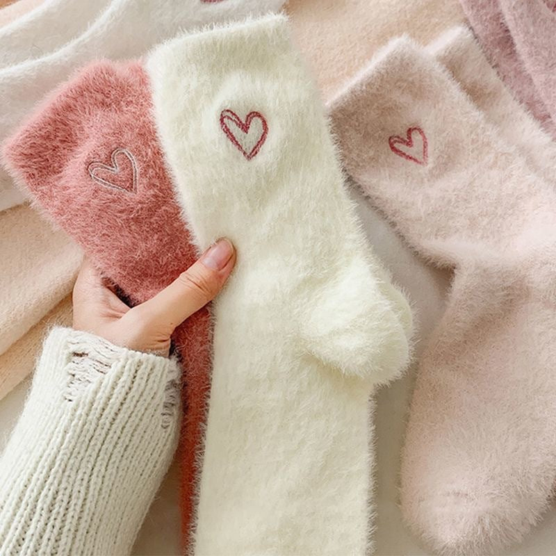 Fuzzy Heart Embroidered Cozy Crew Socks - view 2