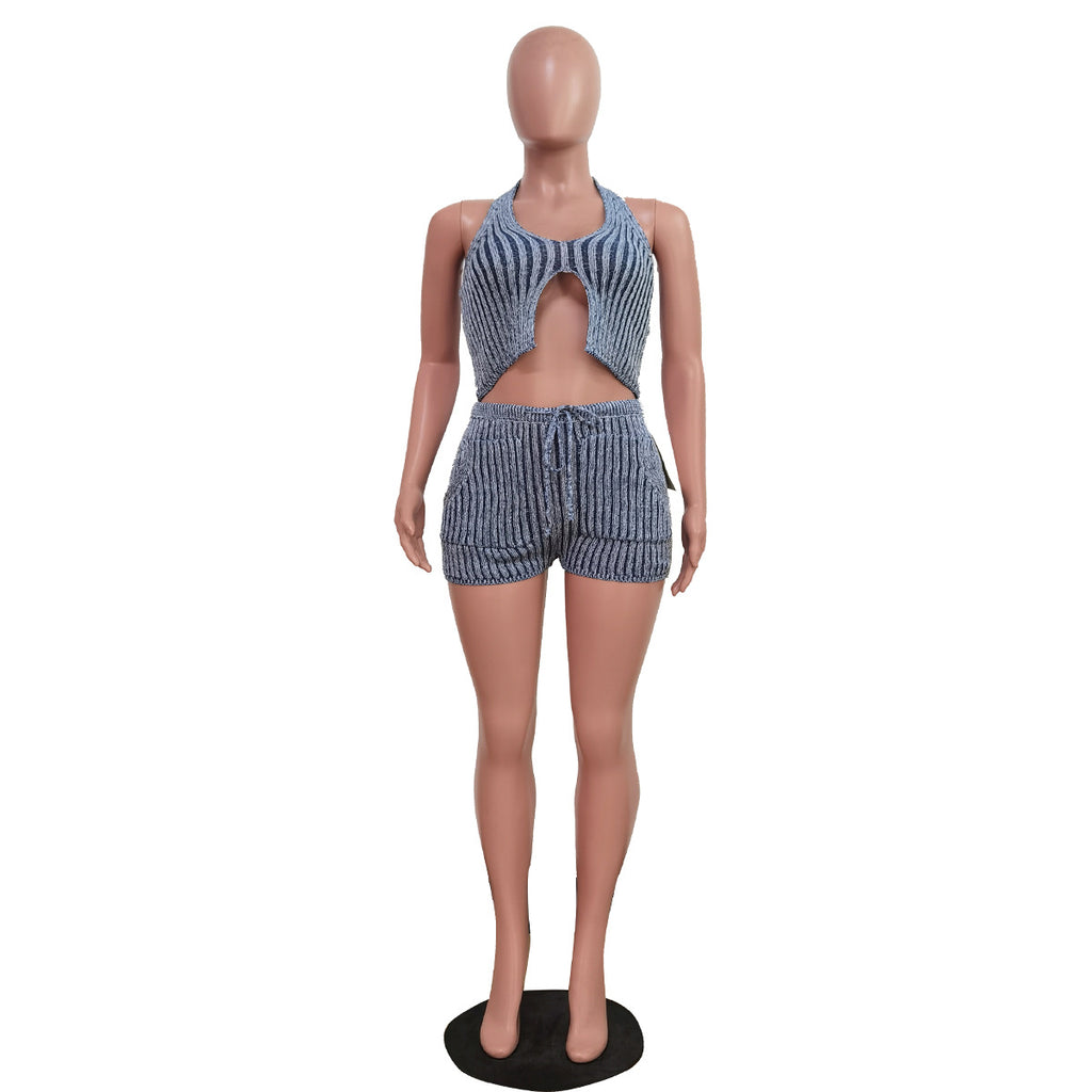 Ribbed Halter Cutout Top and Shorts Set - Blue