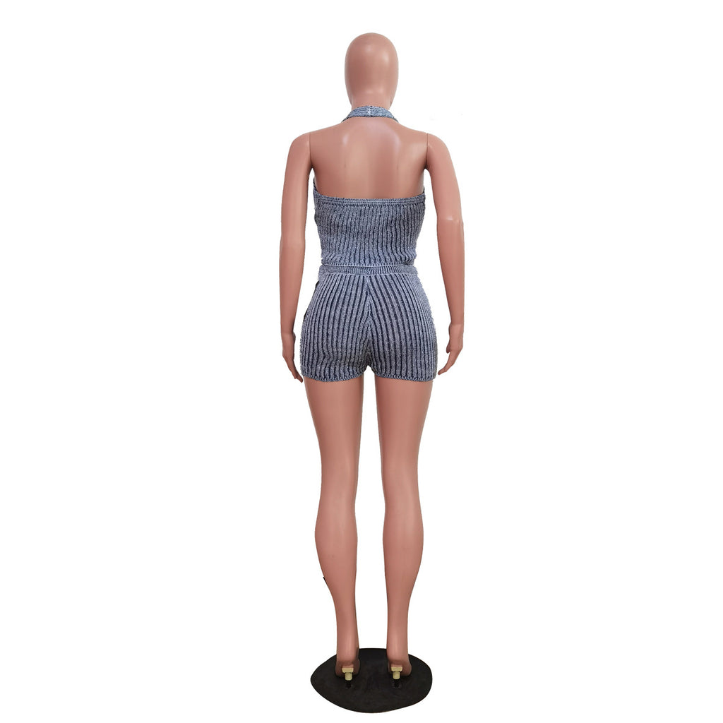 Ribbed Halter Cutout Top and Shorts Set - Blue - 1