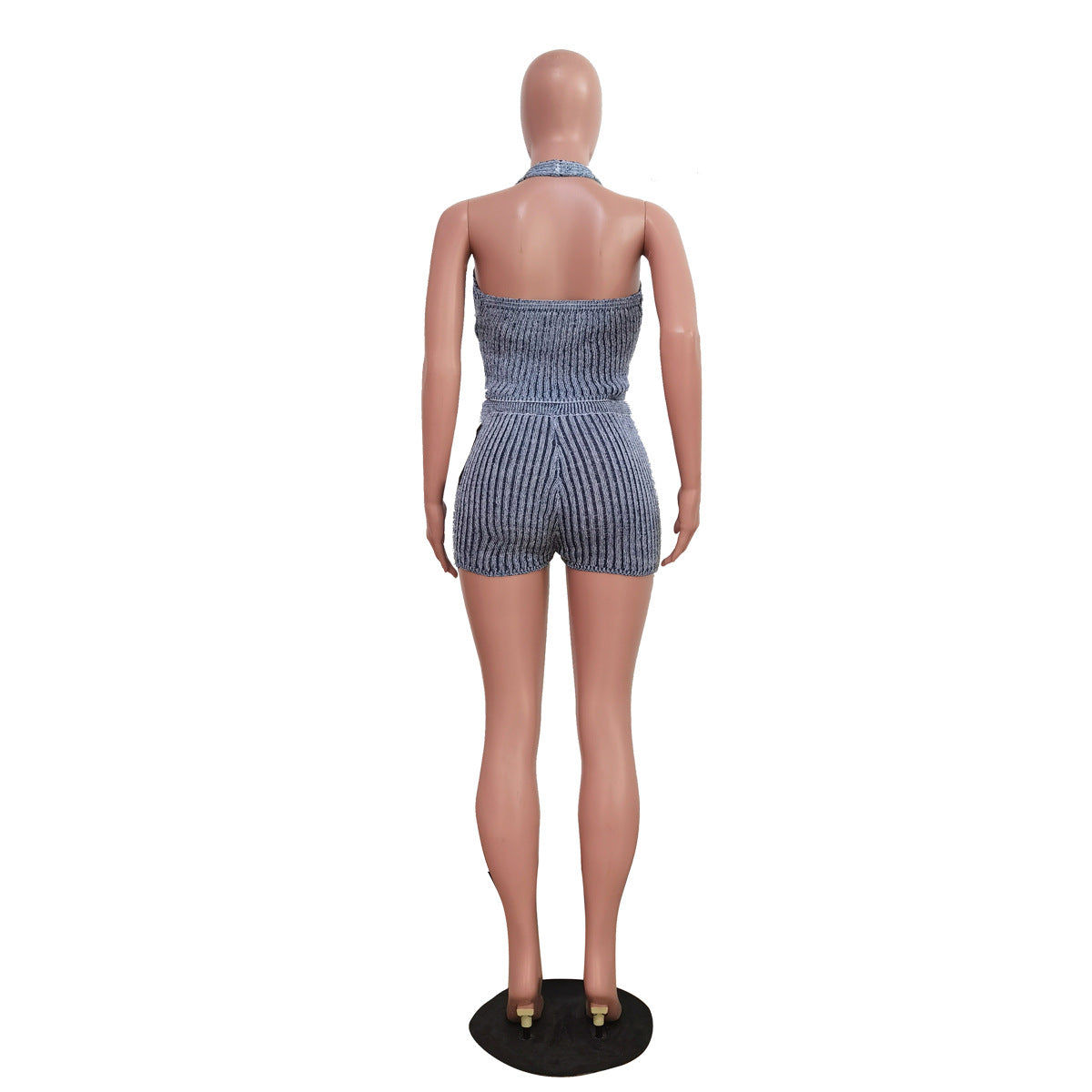 Ribbed Halter Cutout Top and Shorts Set - Blue - 1
