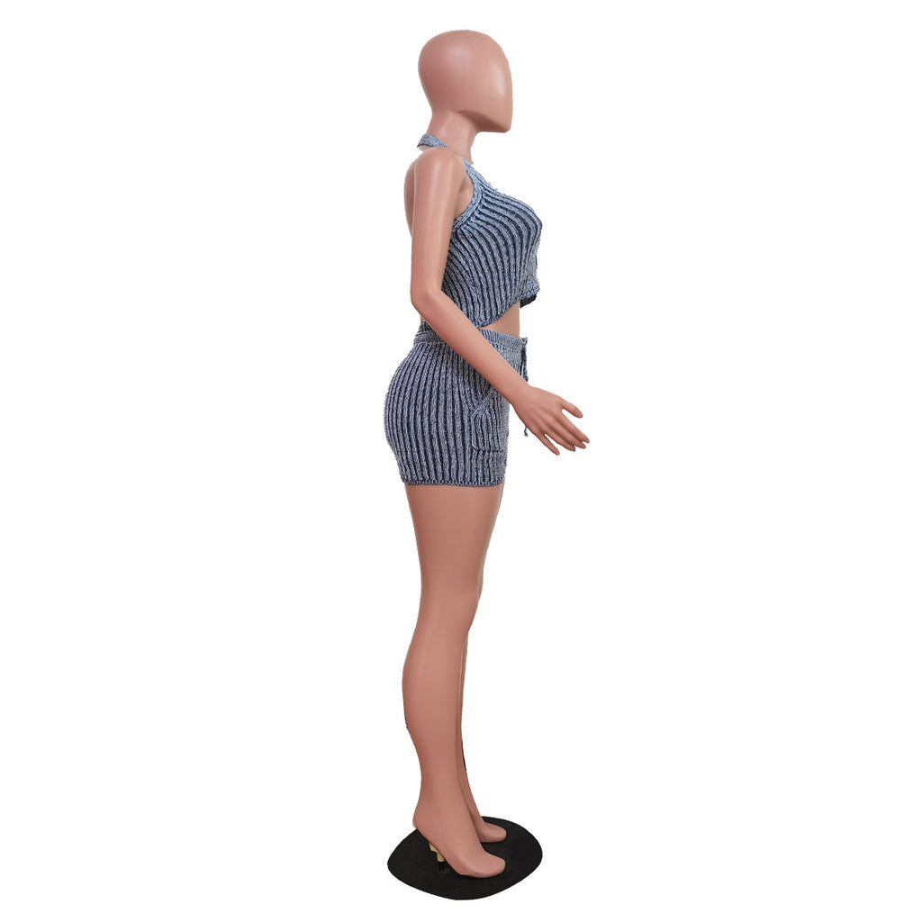 Ribbed Halter Cutout Top and Shorts Set - Blue - 2