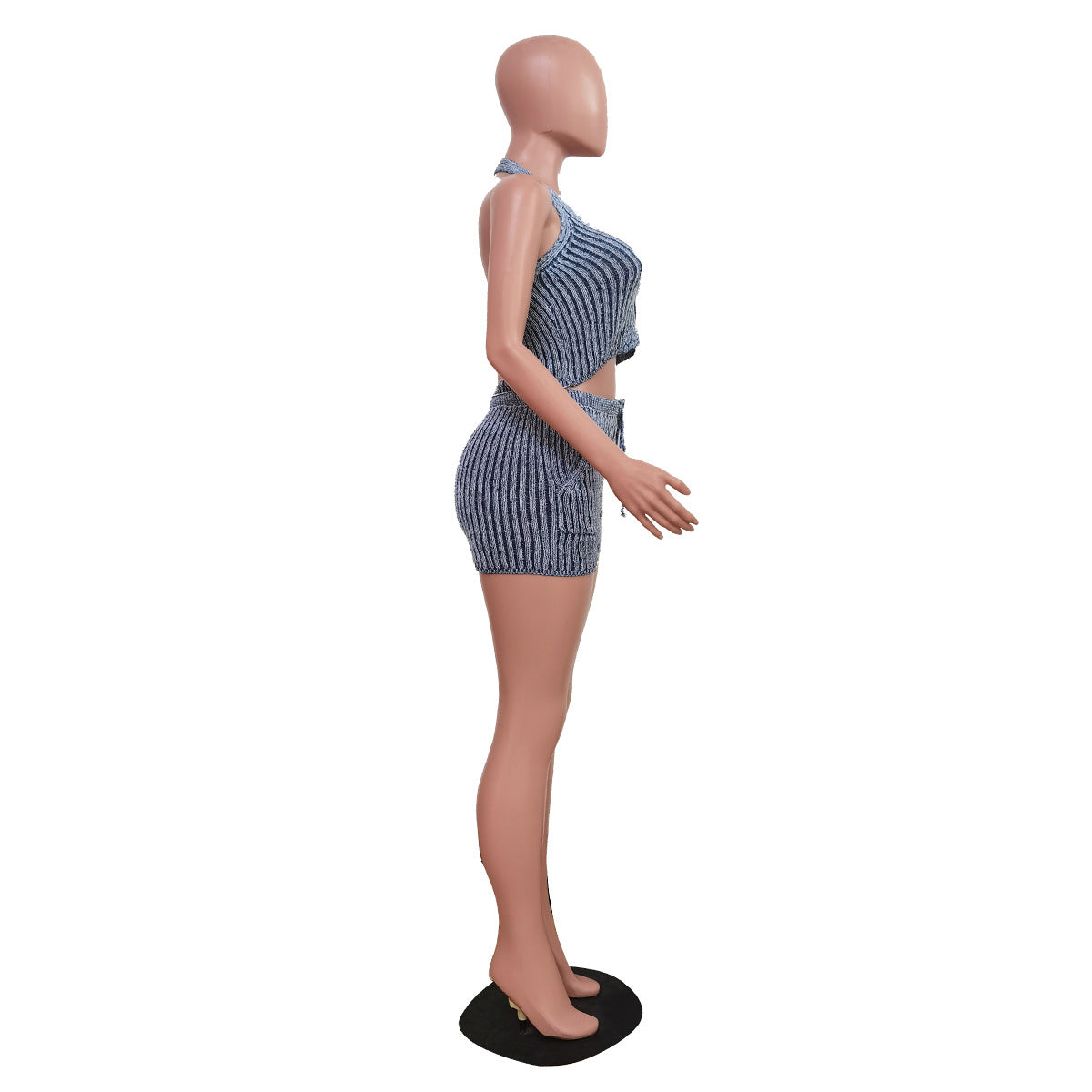 Ribbed Halter Cutout Top and Shorts Set - Blue - 2