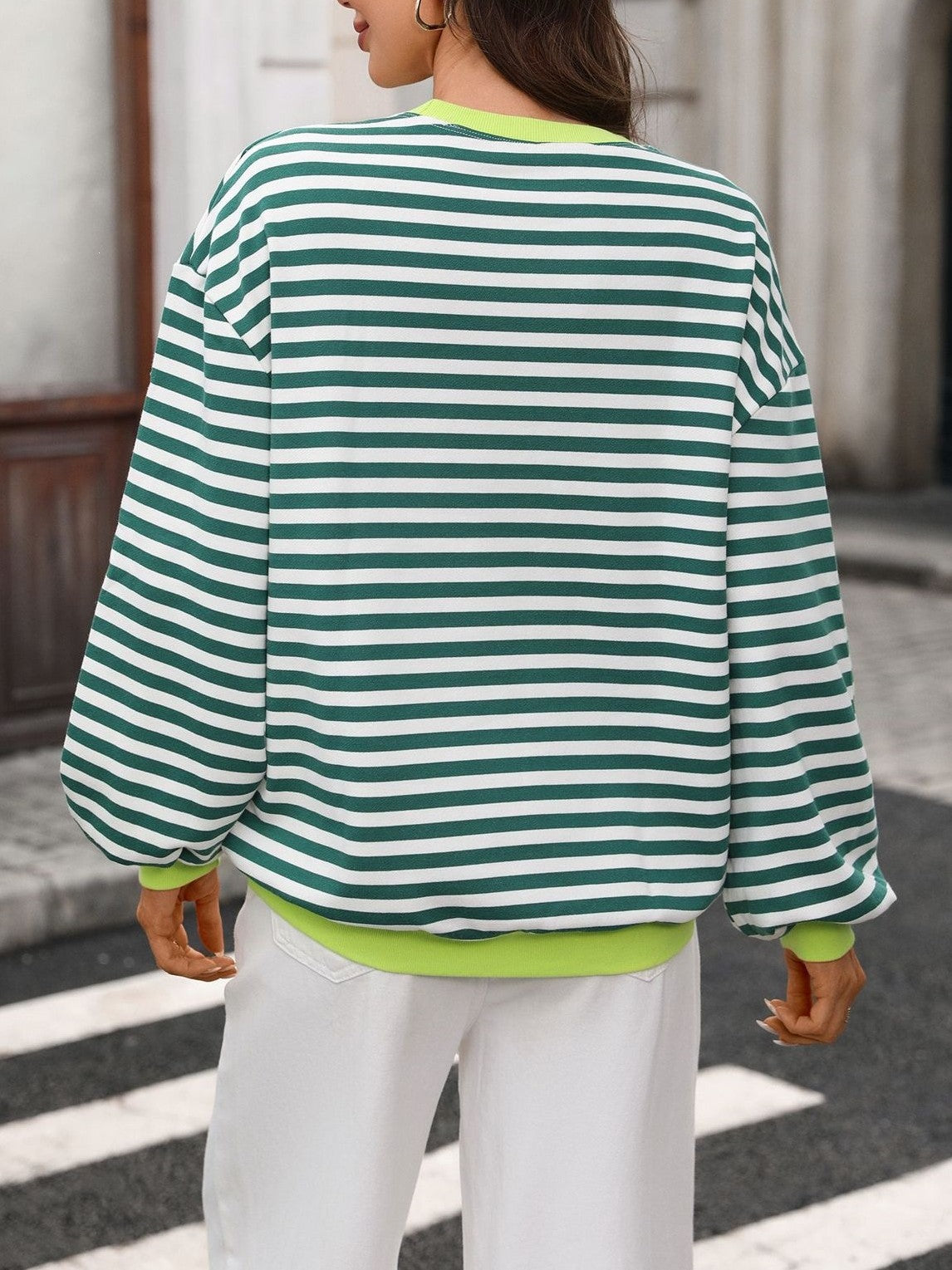 Striped Drop Shoulder Sweatshirt With Ribbed Trim - Green - 2