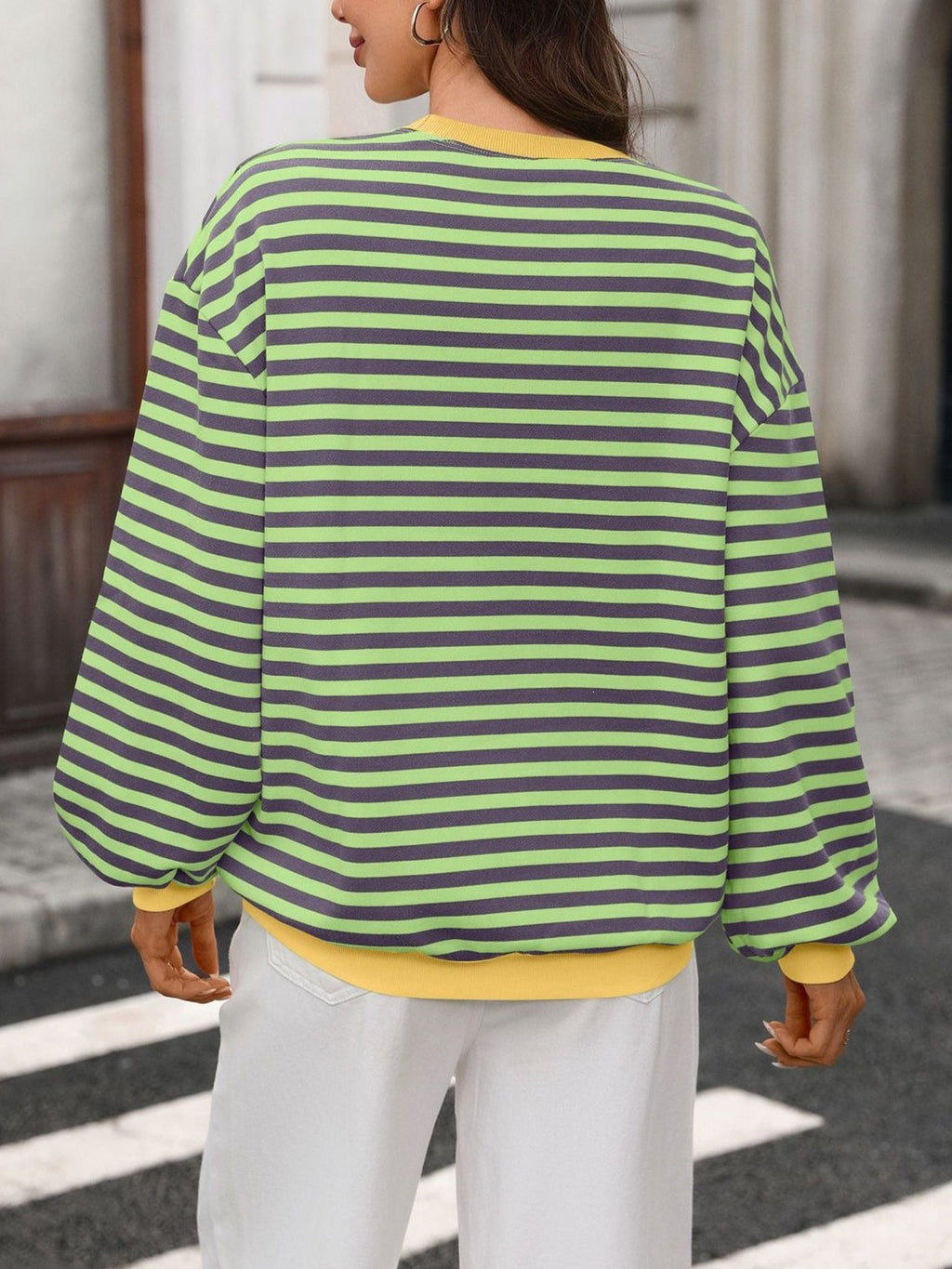Striped Drop Shoulder Sweatshirt With Ribbed Trim - GreenPurple - 1