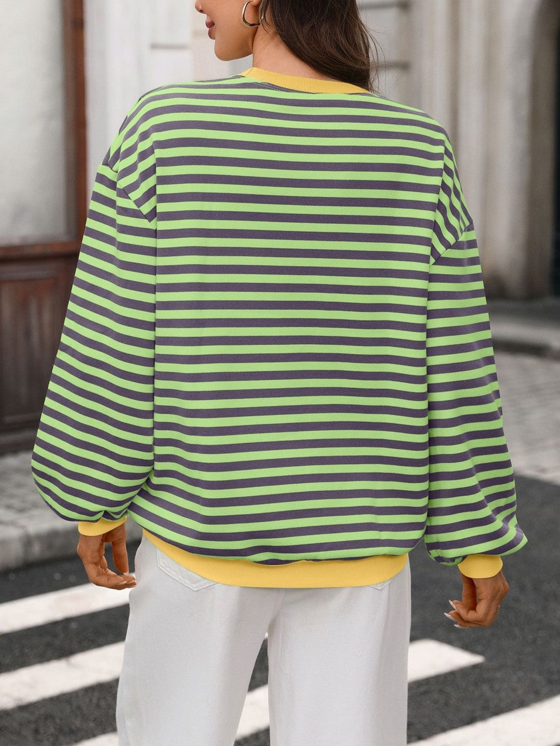 Striped Drop Shoulder Sweatshirt With Ribbed Trim - GreenPurple - 1