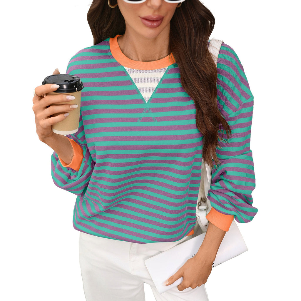 Striped Drop Shoulder Sweatshirt With Ribbed Trim - Purple