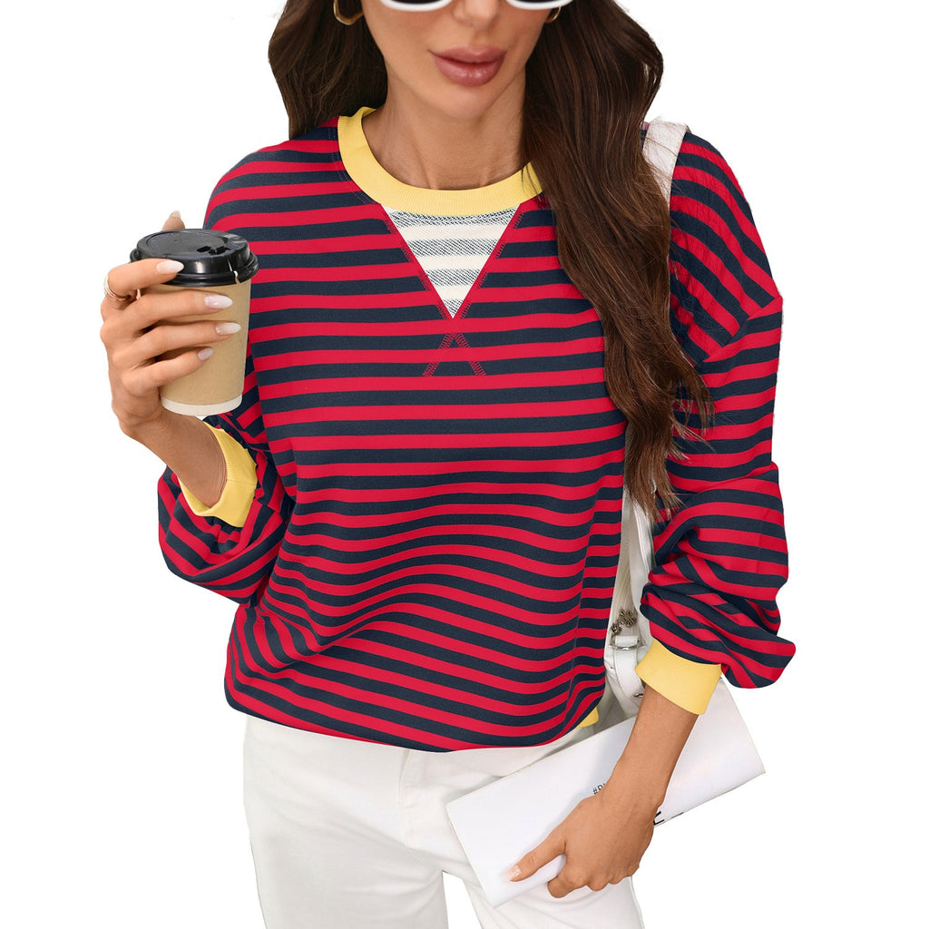 Striped Drop Shoulder Sweatshirt With Ribbed Trim - Red