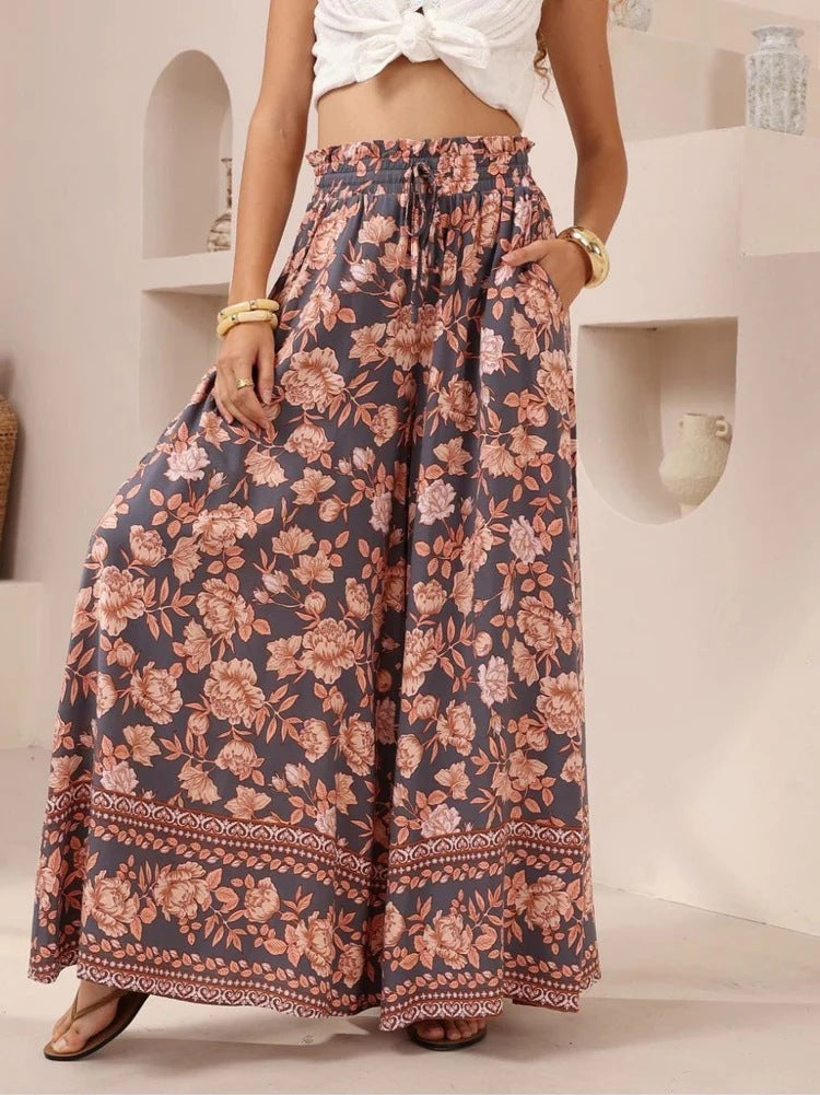 Vintage Floral Wide Leg Palazzo Pants - Brown