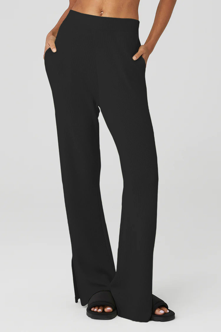 High Waist Ribbed Split Hem Joggers - Black