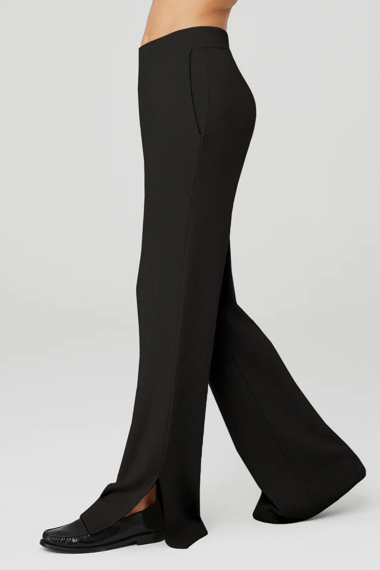 High Waist Ribbed Split Hem Joggers - Black - 1