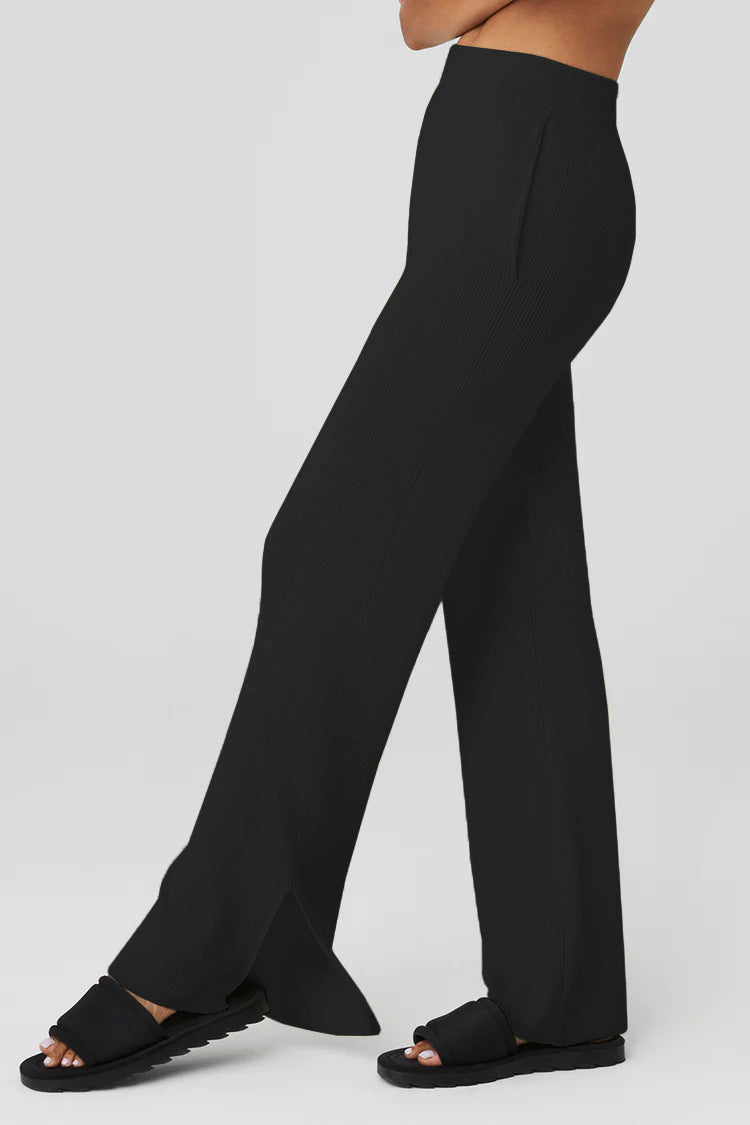 High Waist Ribbed Split Hem Joggers - Black - 3