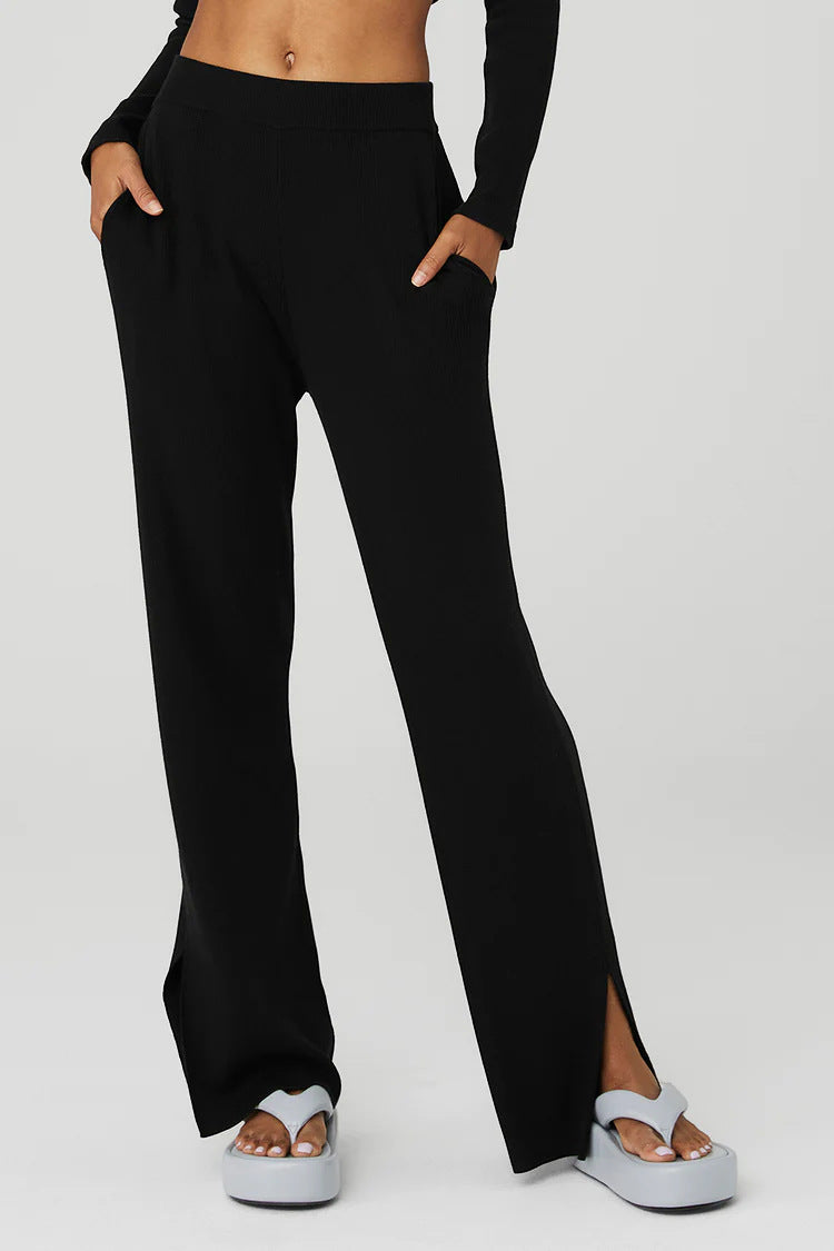 High Waist Ribbed Split Hem Joggers - Black - 4