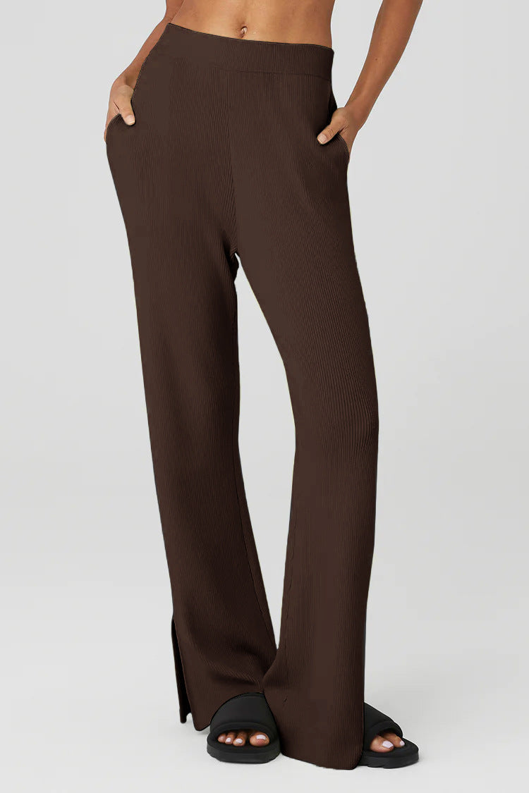 High Waist Ribbed Split Hem Joggers - Dark brown