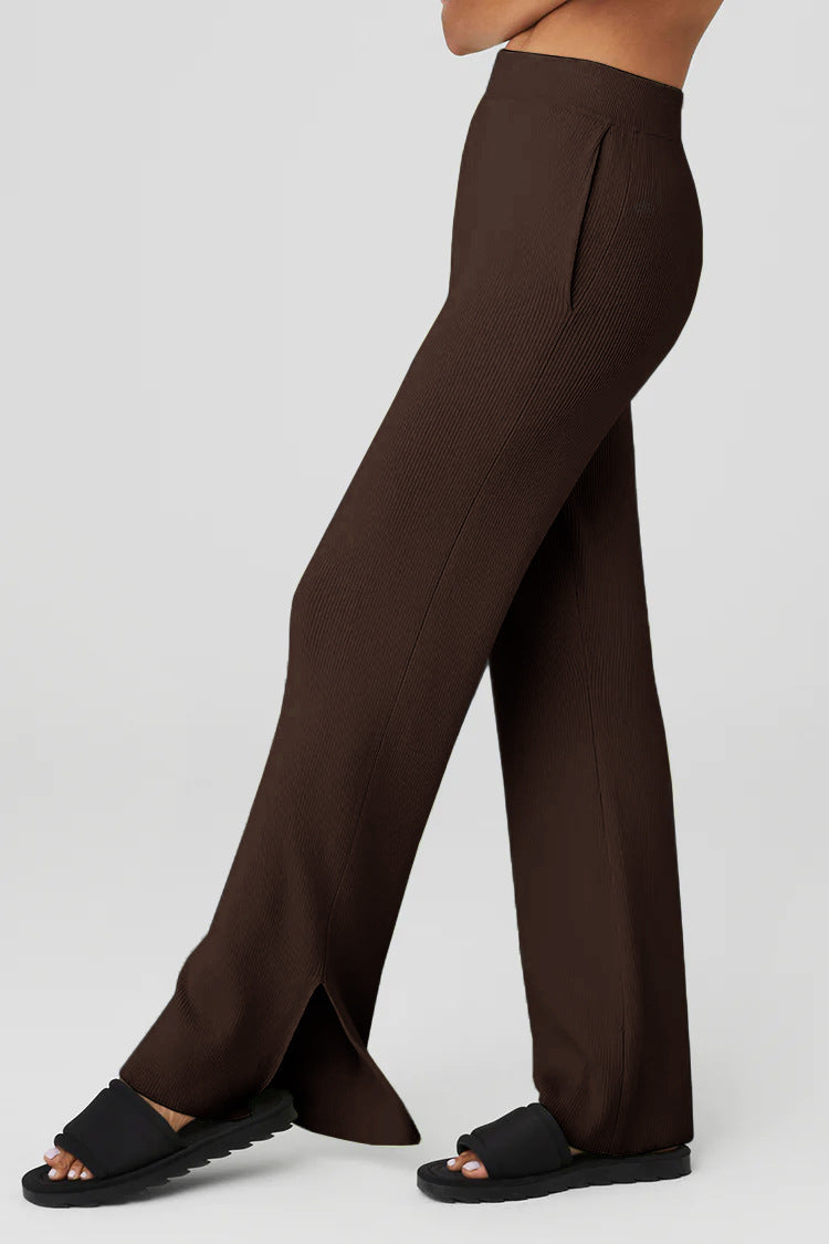 High Waist Ribbed Split Hem Joggers - Dark brown - 1