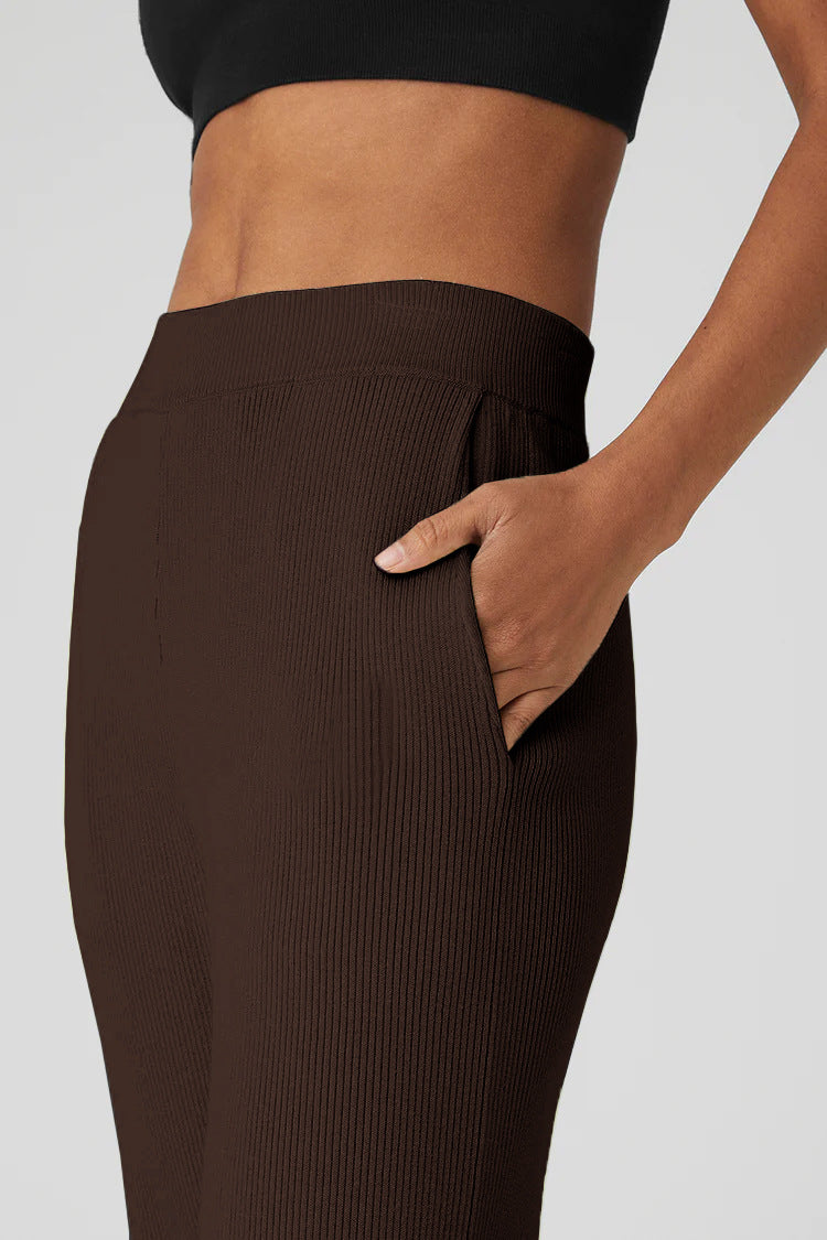 High Waist Ribbed Split Hem Joggers - Dark brown - 2