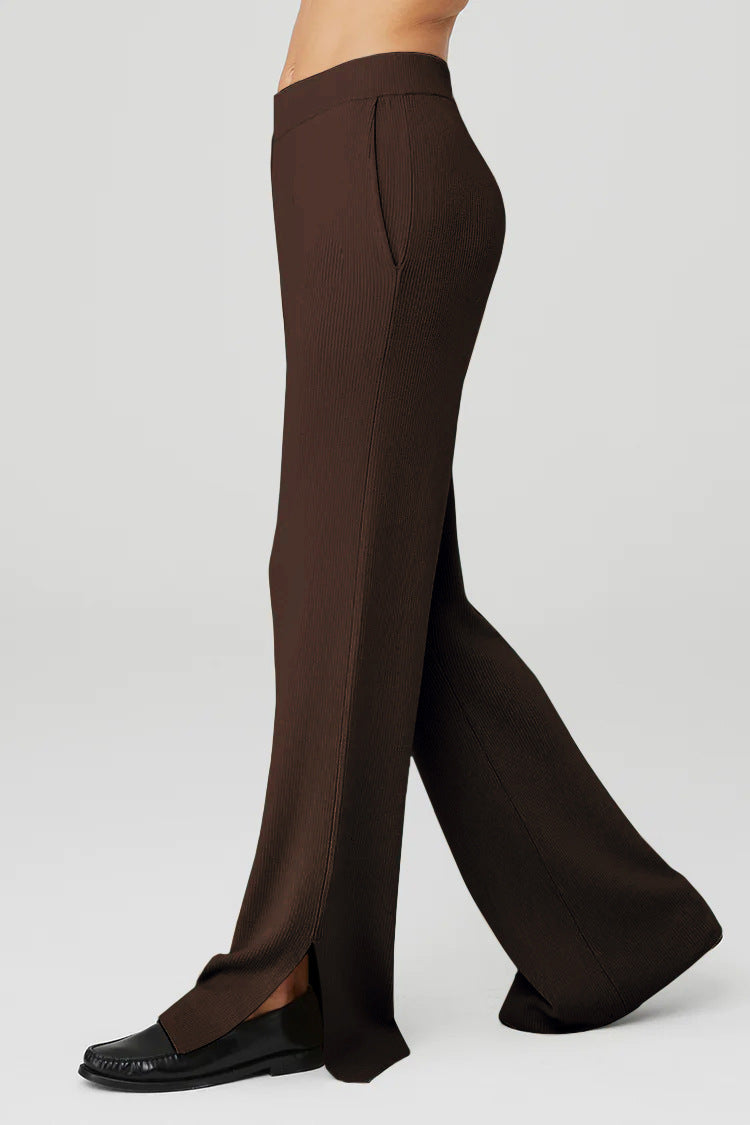 High Waist Ribbed Split Hem Joggers - Dark brown - 3