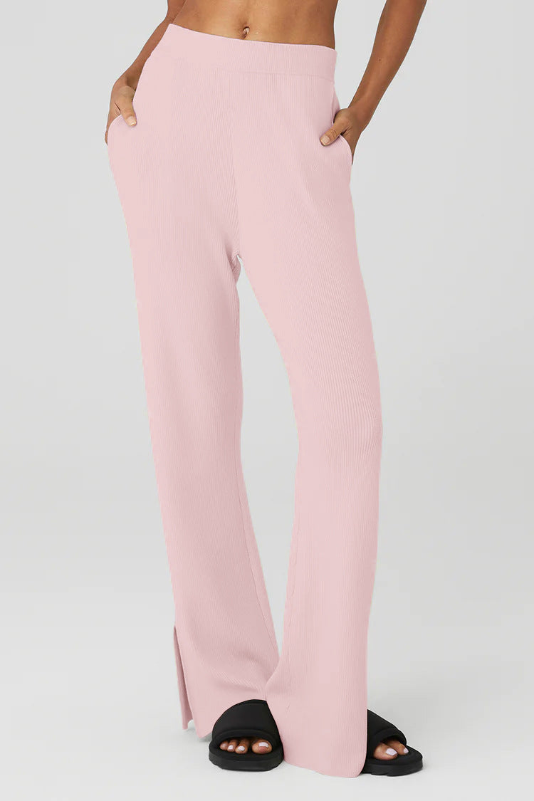 High Waist Ribbed Split Hem Joggers - Pink - 1