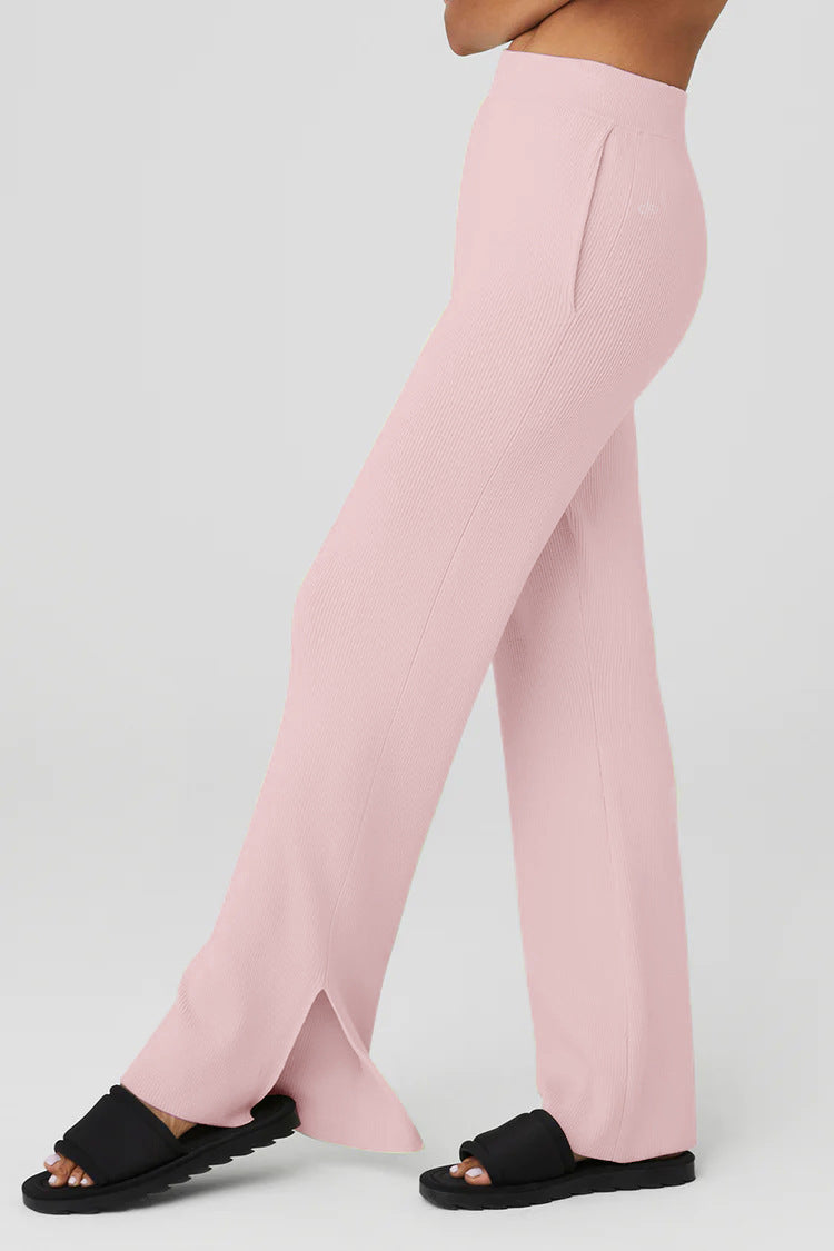 High Waist Ribbed Split Hem Joggers - Pink - 2