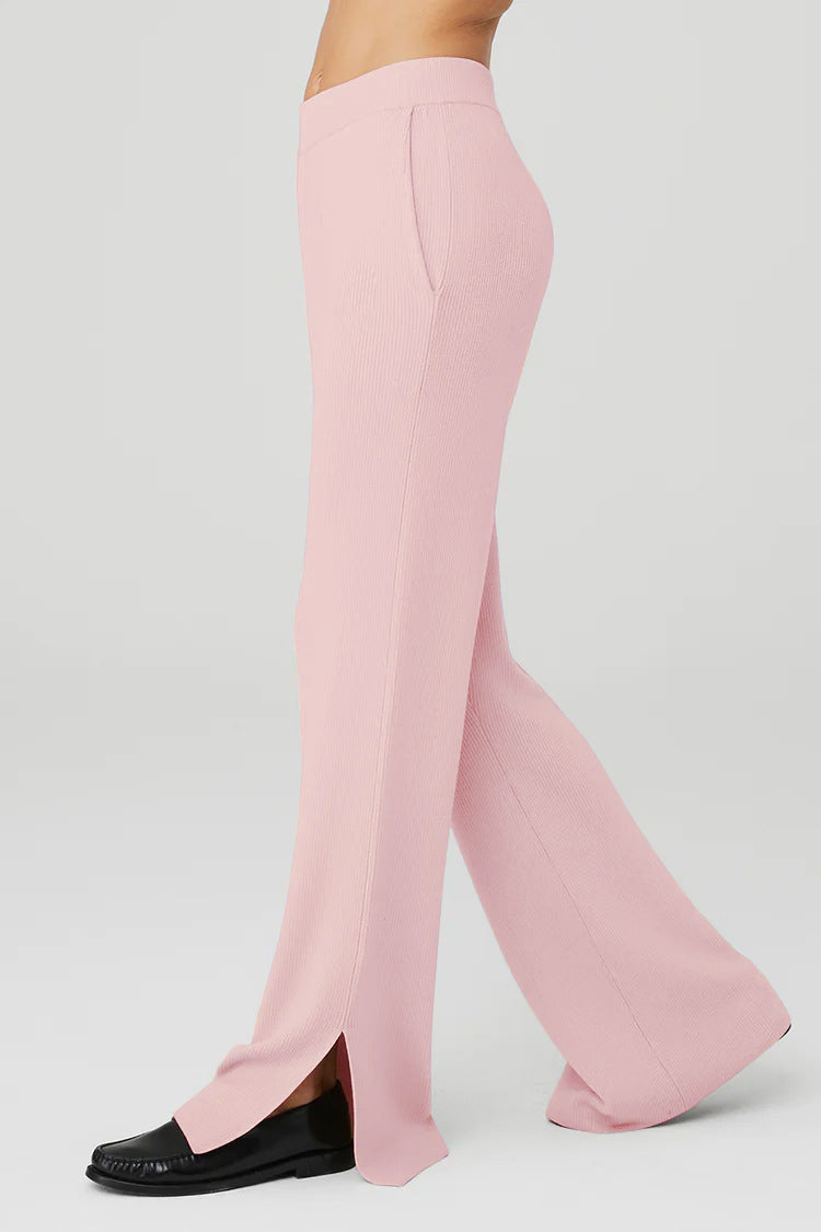 High Waist Ribbed Split Hem Joggers - Pink - 4