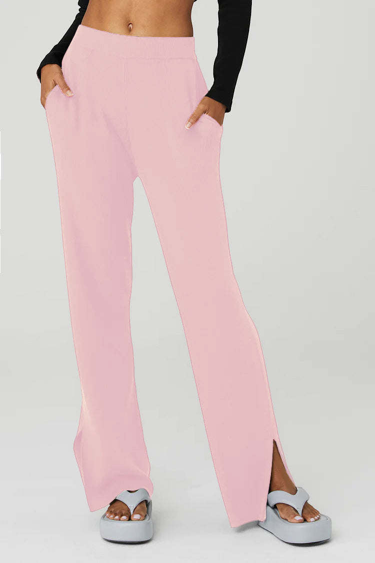 High Waist Ribbed Split Hem Joggers - Pink - 5