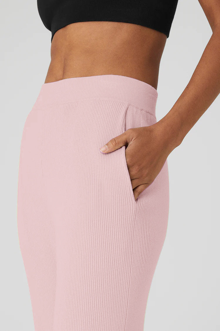 High Waist Ribbed Split Hem Joggers - Pink - 6