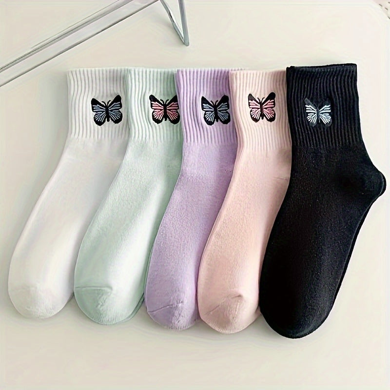 Butterfly Embroidered Ribbed Crew Socks - black