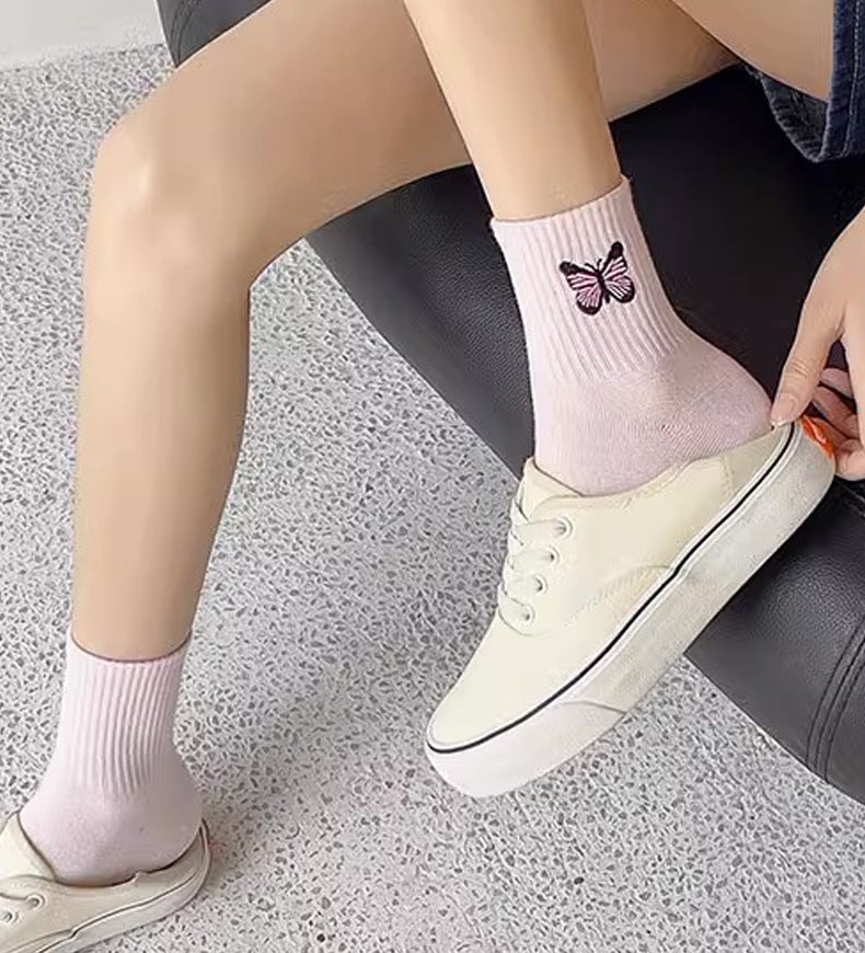 Butterfly Embroidered Ribbed Crew Socks