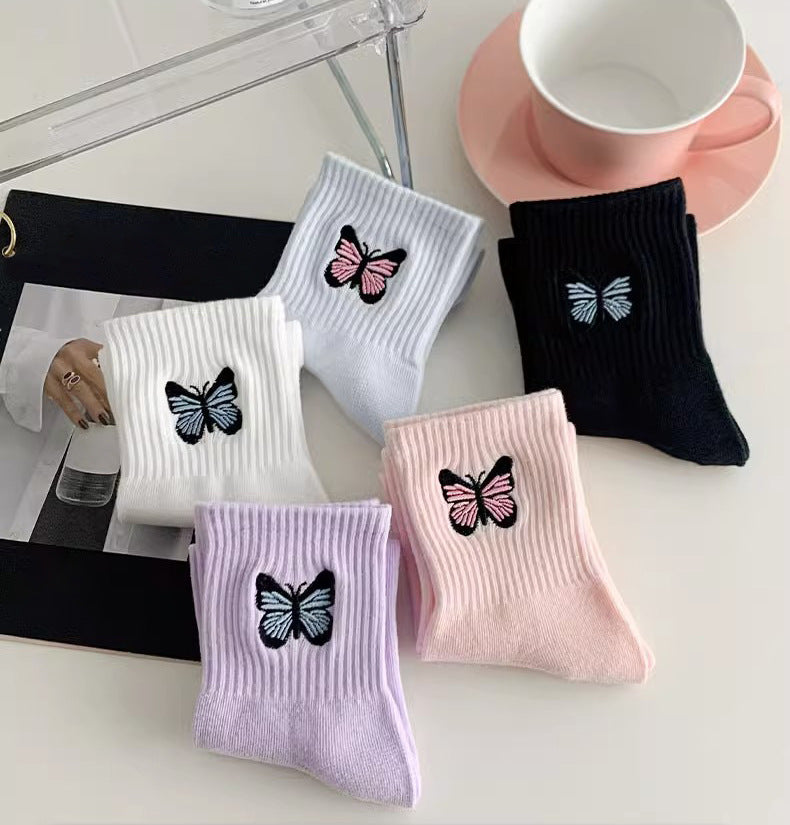 Butterfly Embroidered Ribbed Crew Socks - view 1