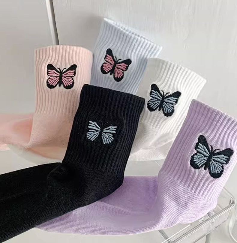 Butterfly Embroidered Ribbed Crew Socks - view 2