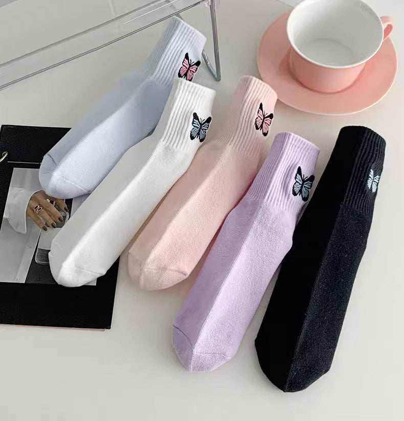 Butterfly Embroidered Ribbed Crew Socks - view 3