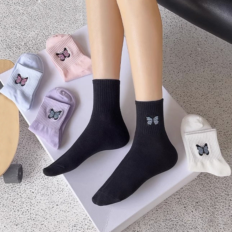 Butterfly Embroidered Ribbed Crew Socks - view 4