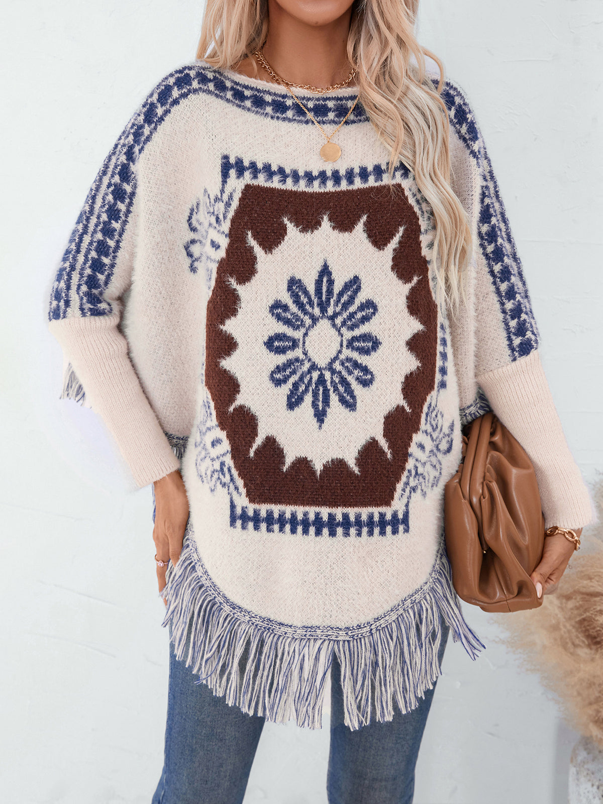 Boho Medallion Fringe Knit Poncho - Apricot