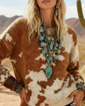 Cow Print Fuzzy Knit Drop Shoulder Relaxed Sweater - Brown