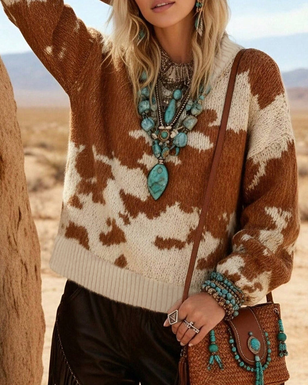 Cow Print Fuzzy Knit Drop Shoulder Relaxed Sweater - Brown - 1