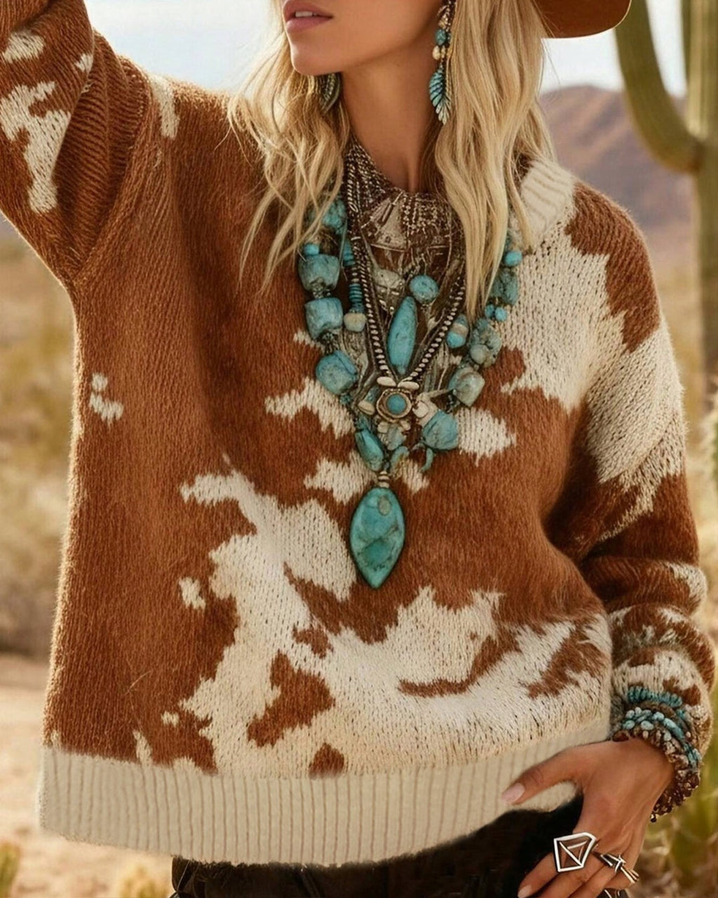 Cow Print Fuzzy Knit Drop Shoulder Relaxed Sweater - Brown - 2