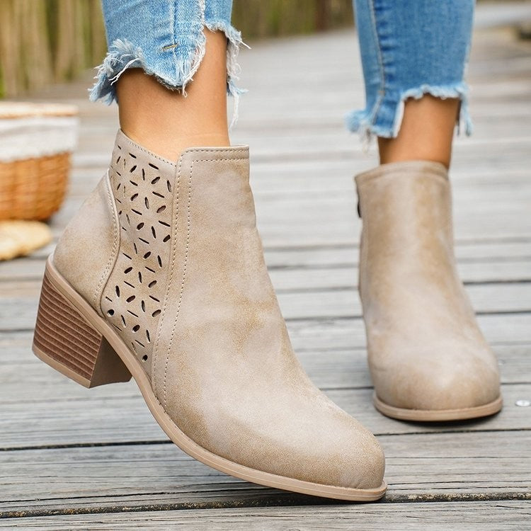 Perforated Side Zip Block Heel Ankle Boots - Beige