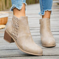 Perforated Side Zip Block Heel Ankle Boots - Beige