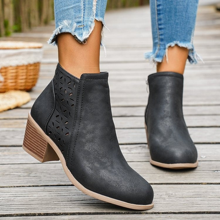 Perforated Side Zip Block Heel Ankle Boots - Black