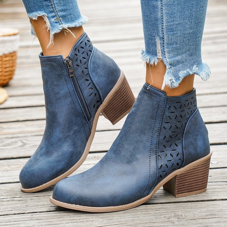 Perforated Side Zip Block Heel Ankle Boots - Blue