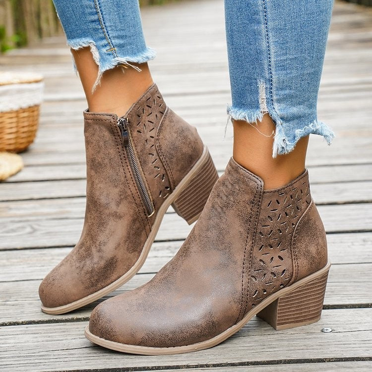 Perforated Side Zip Block Heel Ankle Boots - Brown