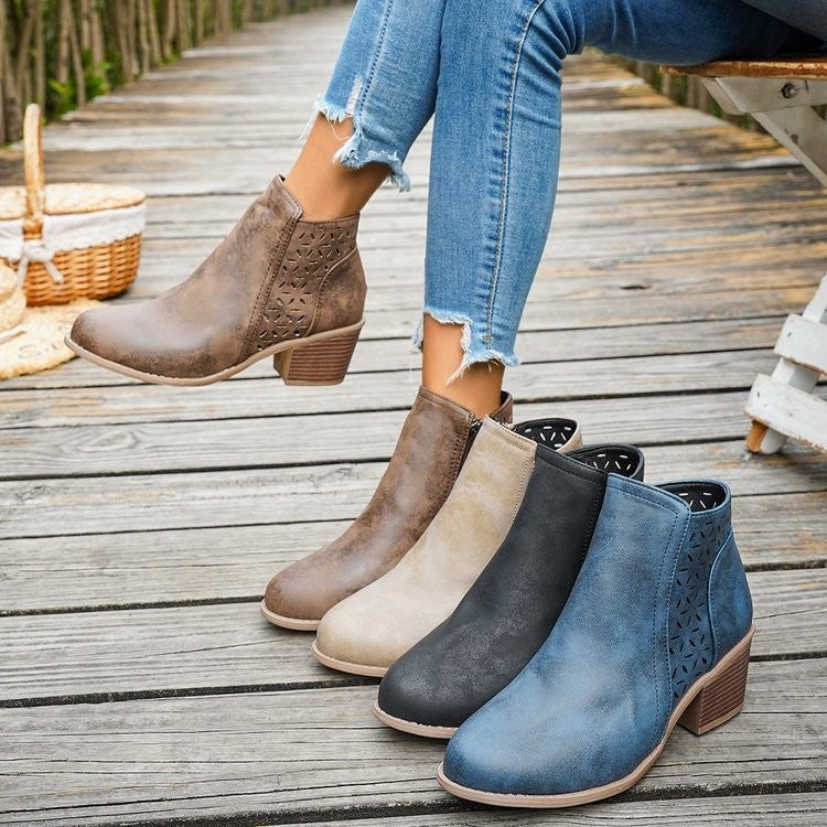 Perforated Side Zip Block Heel Ankle Boots